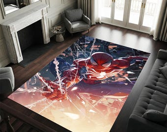 May include: A rectangular area rug featuring a vibrant illustration of Spider-Man in action. The rug showcases the superhero in his iconic red and blue suit, with web-slinging details and a dynamic pose. The background has a dark, comic-book style.