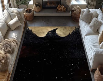 Raven Rug For Goth Room, Floral Raven Rug, Dark Academia Crow Rug, Cottagecore Home Decor, Gothic Rug For Witchy Room, Moonlit Decor Rug