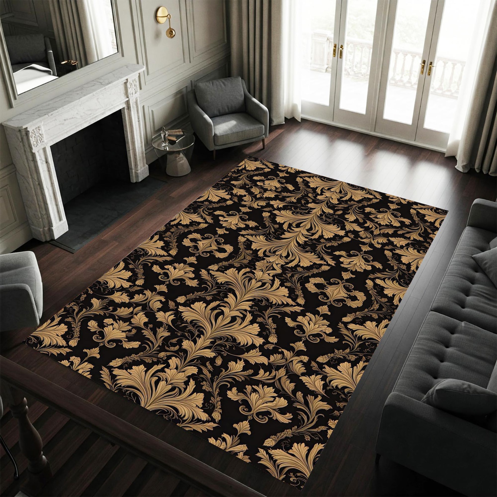 Round Baroque Rug Luxury Baroque Rug, Black and Gold Damask Area Rug, Elegant Classic ...