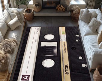 Audio Cassette Rug, Non-Slip Retro Living Room Rug, Vintage Cassette Pattern Rug, 90's Music Theme Rug, Office Rug, Cool Game Room Rug