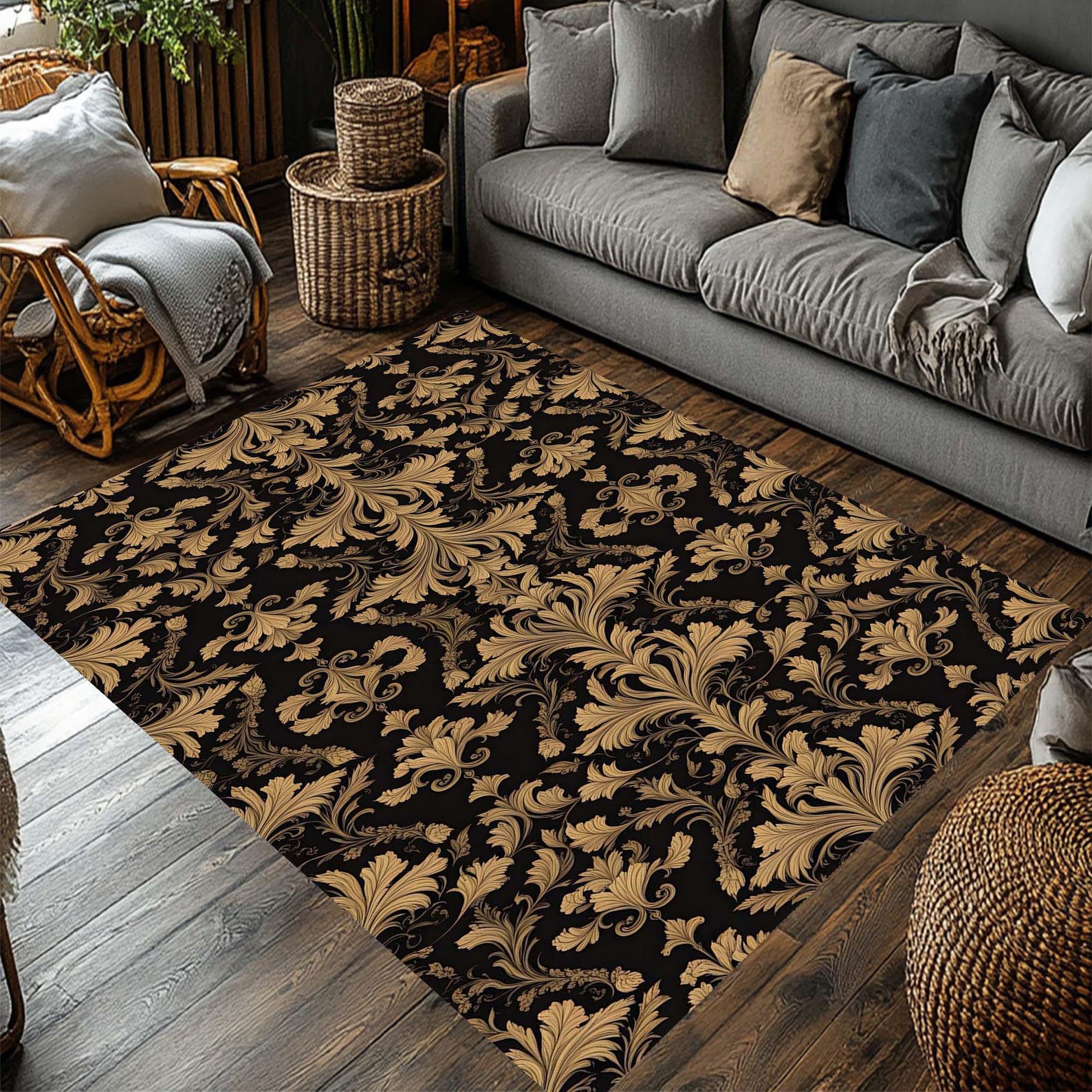 Luxury Baroque Rug, Black and Gold Damask Area Rug, Elegant Classic ...