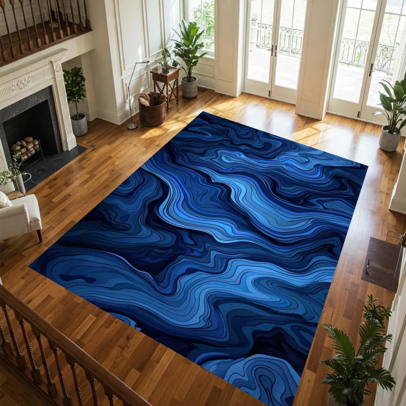 Abstrac Rug, Marble Rug, Marble Decor Rug, Marble Themed Rug, Deep Blue ...