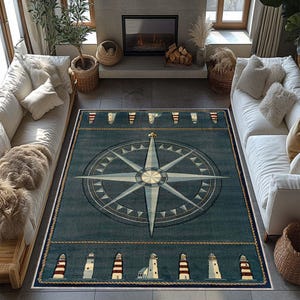 May include: A rectangular teal rug with a nautical compass rose design in the centre. The rug features a border with rope detailing and images of lighthouses. The rug is surrounded by white sofas and a fireplace.