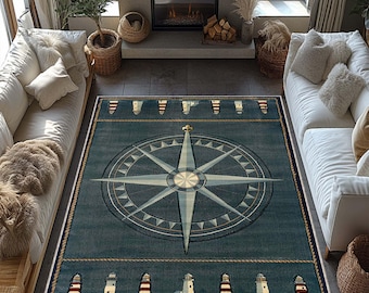 Lighthouse Nautical Rug, Compass, Compass Rug, Nautical Mermaid Rug, Sea Creatures , Ocean Themed, Coastal Decor Rug, Ocean Rug, Seafarere,