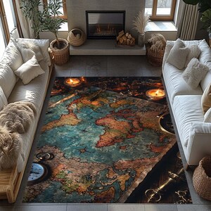 May include: A large area rug with a vintage world map design in shades of blue, brown, and green. The rug is surrounded by white sofas, candles, and antique-style accessories. The rug's design includes detailed geographical features.