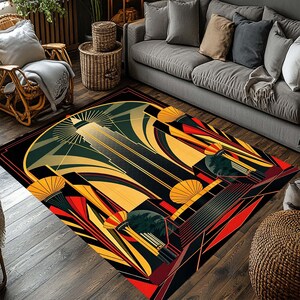 May include: A rectangular area rug with an Art Deco design. The rug features a black background with geometric shapes in shades of yellow, red, and green. The design includes a central skyscraper motif and fan-like elements.