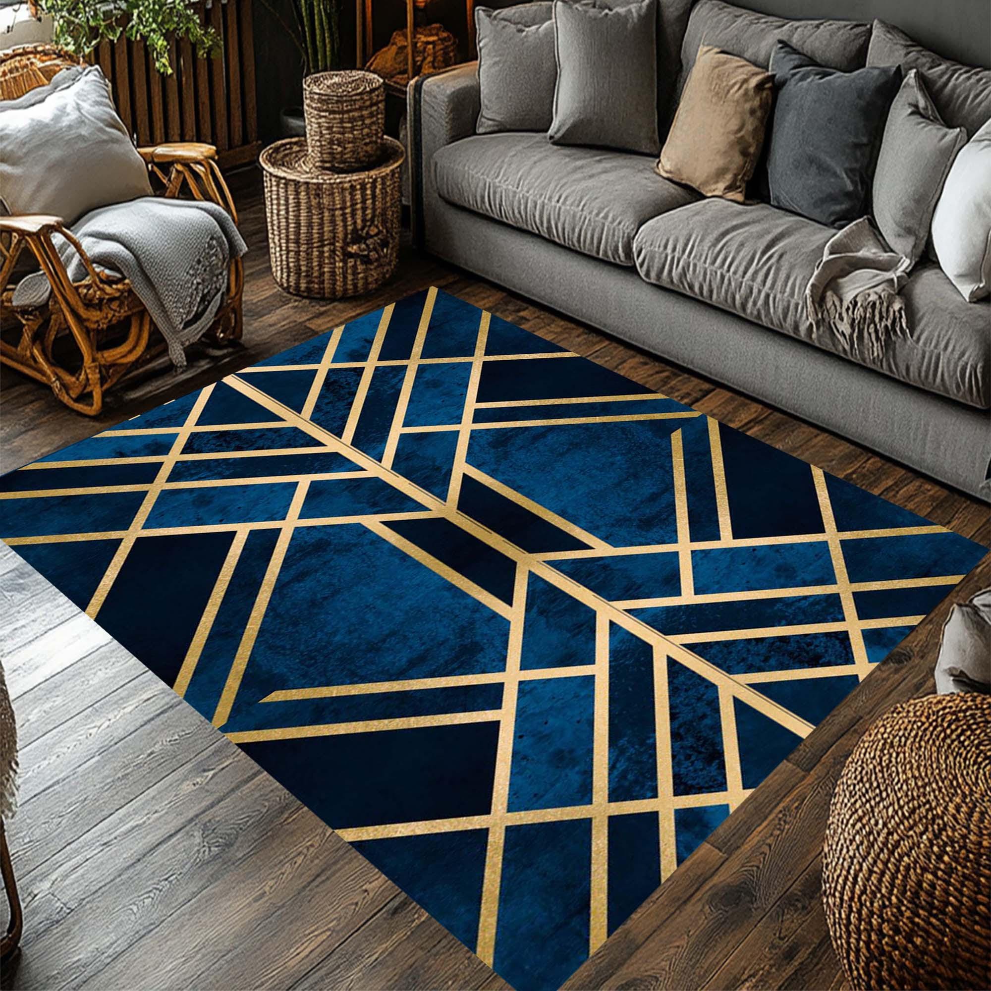Navy Blue Gold Rug, Art Deco Rug, Gold Striped Rug, Gold Lined Art Rug ...