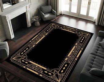 Art Deco Black and Gold Rug, Gatsby Style, Modern Area Rug
