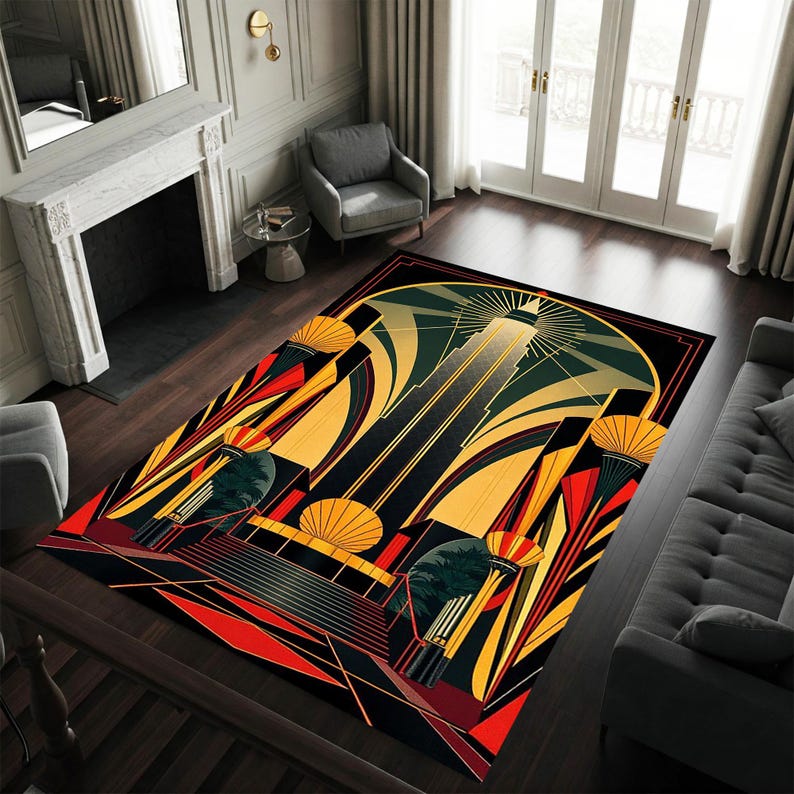 May include: A rectangular area rug with an Art Deco design. The rug features a black background with geometric patterns in shades of yellow, red, and green. The design includes stylized sunbursts and vertical lines, creating a bold and striking visual.