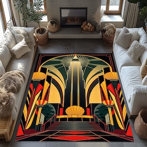 May include: Art Deco style area rug with a geometric design in black, gold, red, and green. The rug features a central tower motif with radiating lines and stylized architectural elements. The rug is rectangular and placed in a living room setting.