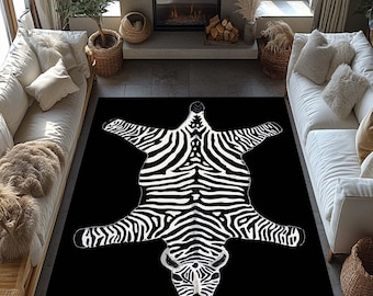 Zebra Print Rug, Striped Rug, Animal Shaped Area Rug, Black and White Zebra Carpet, Safari Themed Home Decor, Faux Animal Skin Rug,Zebra Rug