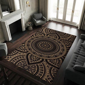 Mandala-mönstermatta, Boho-matta, Geometrisk designmatta, Etnisk matta, Svart och beige dekorativ matta, Modern Boho, Hantverksmässig, Intrikat mönster bild 3