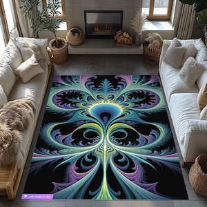 May include: A large, rectangular area rug with a vibrant, abstract floral design. The rug features a black background with a central motif in shades of blue, teal, purple, and yellow. The design has a symmetrical, swirling pattern, creating a striking visual effect.