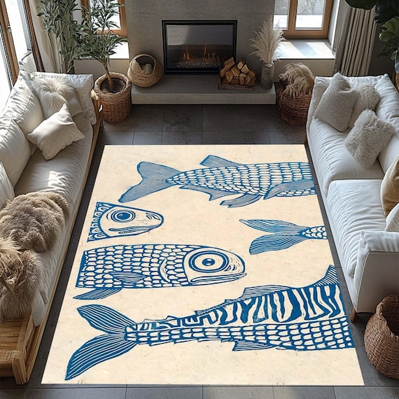 Fish Pattern Rug, Ocean-Themed Carpet, Coastal Decorative Rug, NauticalRug, Marine Style Rug, Living Room Rug, Kodama Koi Rug, Japanese Fish