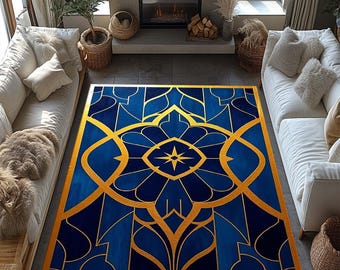 Art Deco Rug, Deep Blue Modern Art Rug, Blue Gold Rug, Gold Striped Rug, Rugs For Living Room, Gatsby Rug, Modern rug, Area Rug, Kitchen Rug