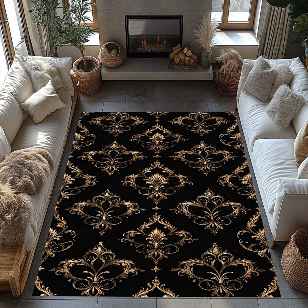 Luxury Baroque Rug, Black and Gold Damask Area Rug, Elegant Classic ...