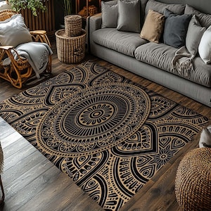 Mandala-mönstermatta, Boho-matta, Geometrisk designmatta, Etnisk matta, Svart och beige dekorativ matta, Modern Boho, Hantverksmässig, Intrikat mönster bild 7