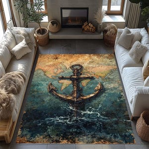 May include: A rectangular area rug featuring a nautical design. The rug showcases a detailed illustration of a vintage anchor emerging from ocean waves, set against a backdrop of a world map in shades of brown, blue, and green. The rug is placed in a living room.