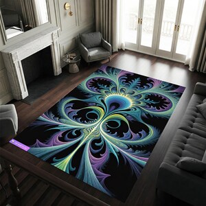 May include: A large rectangular area rug with a black background and a vibrant, abstract floral design in shades of blue, teal, purple, and yellow. The rug is placed on a hardwood floor in a living room setting.