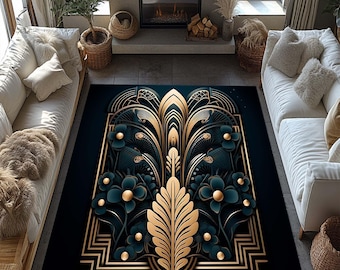 ArtDeco Rug, Decor Rug, Modern Rug, BlackGold Rug, Artistic Rug, LivingRoom Rug, Luxury Home Decor, Geometric Pattern Rug Elegant Home Decor