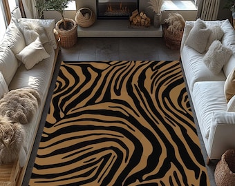 May include: A rectangular area rug with a zebra stripe pattern in black and tan. The rug is placed in a living room setting, with white sofas and a fireplace visible in the background. The rug's design adds a bold, natural element to the room's decor.