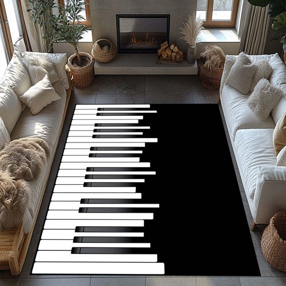 ピアノ鍵盤 音符柄 大判ラグマット 音楽モチーフ 音楽好きのためのラグ - ピアノの鍵盤と音符柄ラグ、ブラックゴールド