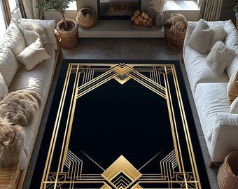 Gold Line Rug, Art Deco Rug, Modern Art Rug, Black Gold Rug, Gold Striped Rug, Rugs For Living Room, Modern rug,Area Rug, Kitchen Rug,
