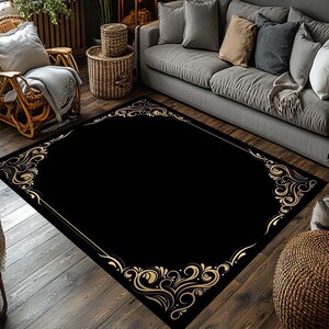 May include: A black and gold area rug with a decorative border featuring a swirling floral pattern. The rug has a black background with a gold border.