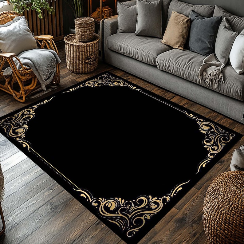 May include: A black and gold area rug with a decorative border featuring a swirling floral pattern. The rug has a black background with a gold border.