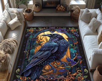 Crow Rug, Raven Rug For Goth Room Decor, Dark Academia Home Decor, Maximalist Rug For Witchy Room Decor, Crow Design Rug