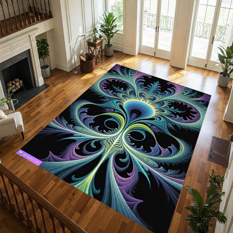 May include: A large area rug with a vibrant, abstract floral design in shades of blue, teal, purple, and yellow against a black background. The rug is placed on a hardwood floor in a well-lit room.