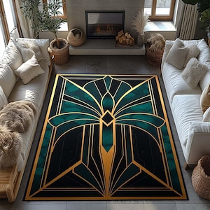Art Deco Rug, Luxury Geometric Area Rug, Modern Living Room Carpet, Green and Gold Large Rug, Elegant Home Decor, Aesthetic Floor Mat, Gift