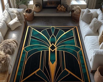 Art Deco Rug, Luxury Geometric Area Rug, Modern Living Room Carpet, Green and Gold Large Rug, Elegant Home Decor, Aesthetic Floor Mat, Gift