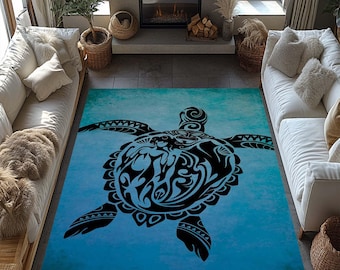 Dywan z Żółwiem - Minimalistyczny dywan w stylu folkowym z kwiatową ramą i geometrycznym wzorem żółwia, akcent ze zwierzętami nadmorskimi do wystroju w stylu boho lub naturalnym