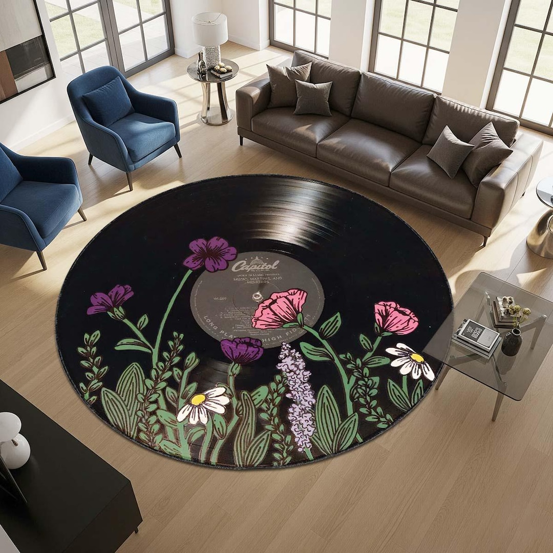 Vintage Vinyl Record Round Rug, Retro Music Decor for Living Room or ...