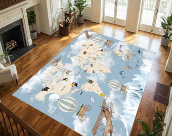 May include: A rectangular area rug featuring a world map design with a light blue sky background. The rug includes illustrations of hot air balloons, airplanes, and various animals. The rug is placed on a hardwood floor.
