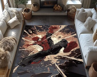 May include: A rectangular area rug featuring a dynamic illustration of Spider-Man in a leaping pose. The rug showcases a color palette of red, black, and brown, with a background of abstract shapes and lines. The rug is placed in a living room setting.