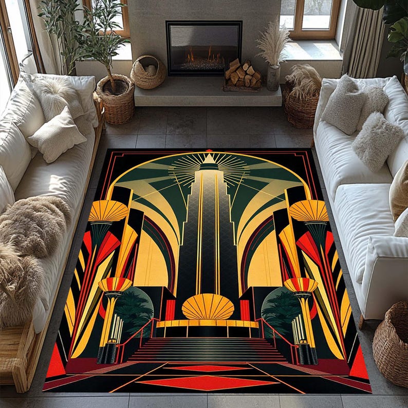 May include: Art Deco style area rug with a geometric design in black, gold, red, and green. The rug features a central tower motif with radiating lines and stylized architectural elements. The rug is rectangular and placed in a living room setting.