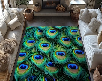 Peacock Feather Rug, Art Deco Peacock Rug For Modern Area Decor, Washable Animal Rug with Flowers, Living Room Rug, Rug for Bedroom