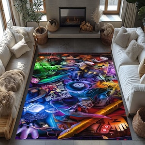 Peut inclure: Un tapis rectangulaire avec un design vibrant et coloré, présentant un collage d'éléments de la culture pop. Le tapis présente des couvertures de bandes dessinées, des manettes de jeux vidéo et une boule de billard 8, créant une esthétique ludique et éclectique.