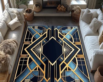 May include: A geometric rug with a navy blue background and gold accents. The rug features a repeating pattern of squares, circles, and lines.