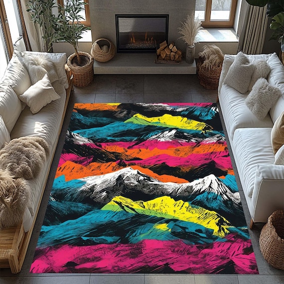 Modern Abstract Rug, Multicolored Rug, Abstract Rug, Modern Rug, Non-slip Rug, Home Decor, Colorful Rug, Neon Rug, Rainbow Rug, Mountain Rug