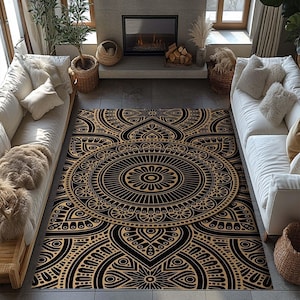 Mandala-mönstermatta, Boho-matta, Geometrisk designmatta, Etnisk matta, Svart och beige dekorativ matta, Modern Boho, Hantverksmässig, Intrikat mönster bild 1