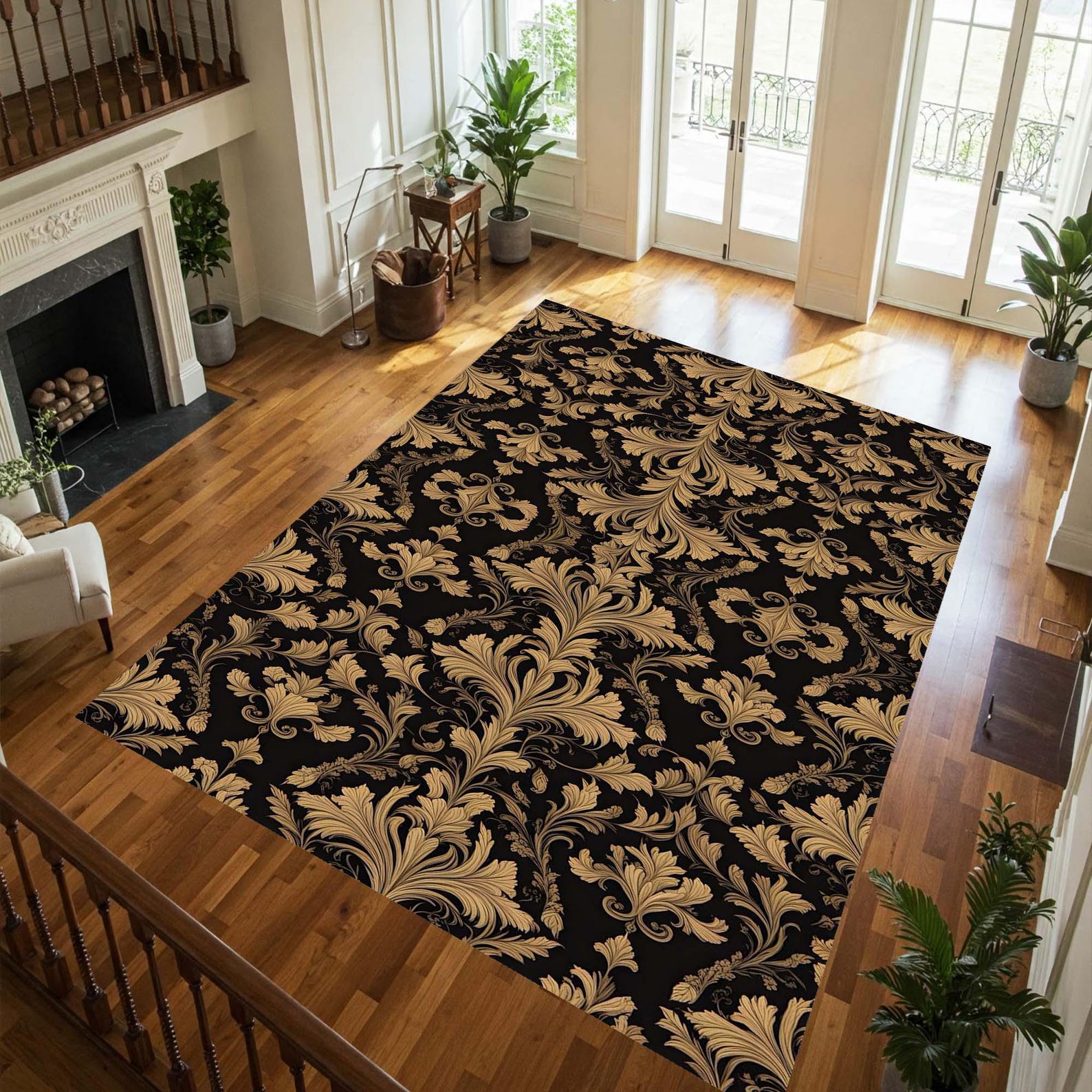 Round Baroque Rug Luxury Baroque Rug, Black and Gold Damask Area Rug, Elegant Classic ...
