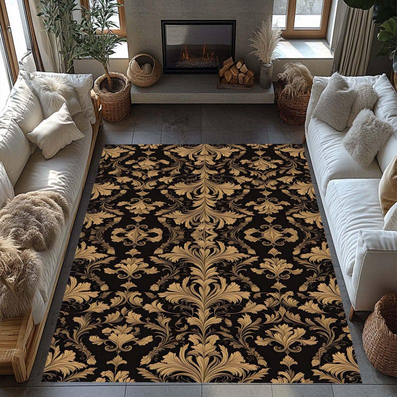 Fancy Gold Rug Luxury Baroque Rug, Black and Gold Damask Area Rug, Elegant Classic ...