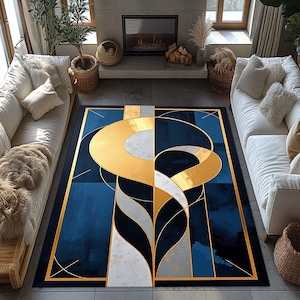 Art Deco Rug, Blue Gold Striped Rug,Havy Blue Lined Rug, Geometric Shaped Rug, Home Decor Rug, Salon Abstract Minimalist Kitchen