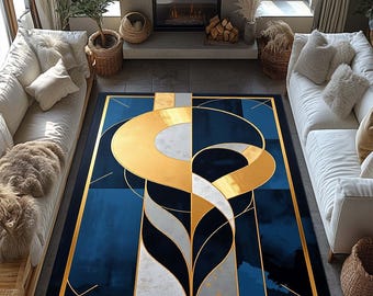 Art Deco Rug, Blue Gold Striped Rug,Havy Blue Lined Rug, Geometric Shaped Rug, Home Decor Rug, Salon Abstract Minimalist Kitchen