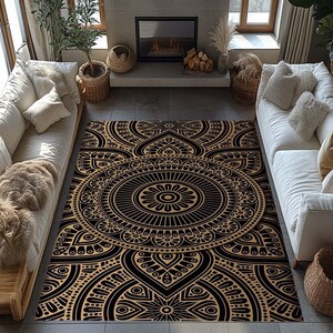 Mandala-mönstermatta, Boho-matta, Geometrisk designmatta, Etnisk matta, Svart och beige dekorativ matta, Modern Boho, Hantverksmässig, Intrikat mönster bild 5