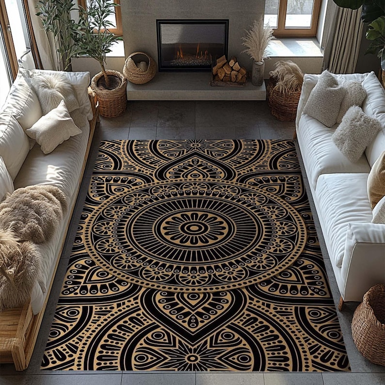 Mandala-mönstermatta, Boho-matta, Geometrisk designmatta, Etnisk matta, Svart och beige dekorativ matta, Modern Boho, Hantverksmässig, Intrikat mönster bild 5