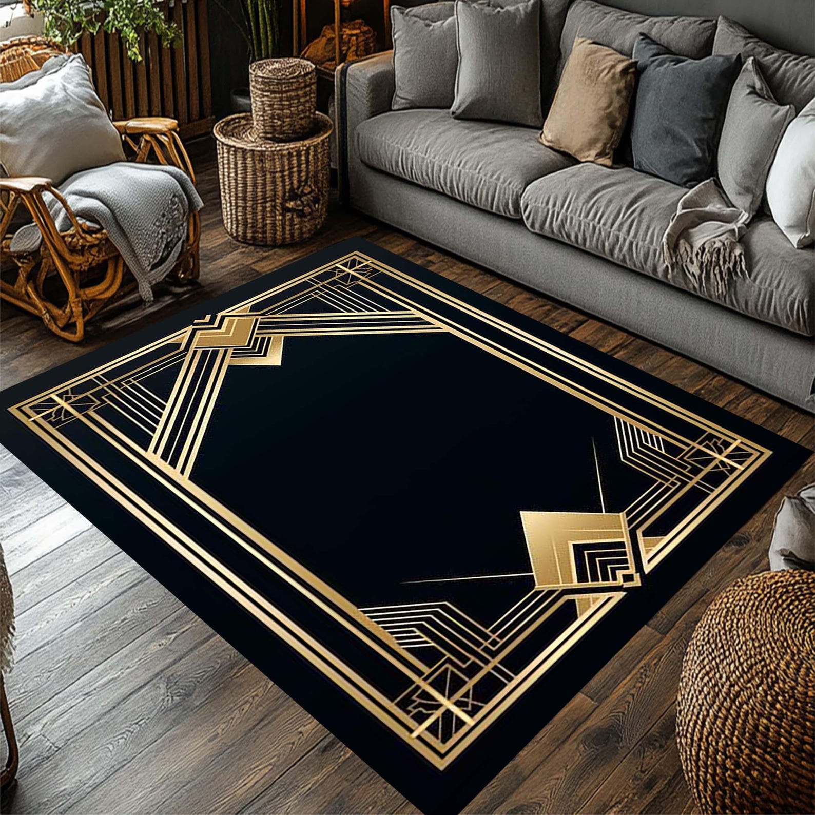 Area Rug Gold Diamond Pattern Gold Line Rug, Art Deco Rug, Modern Art Rug, Black Gold Rug, Gold ...